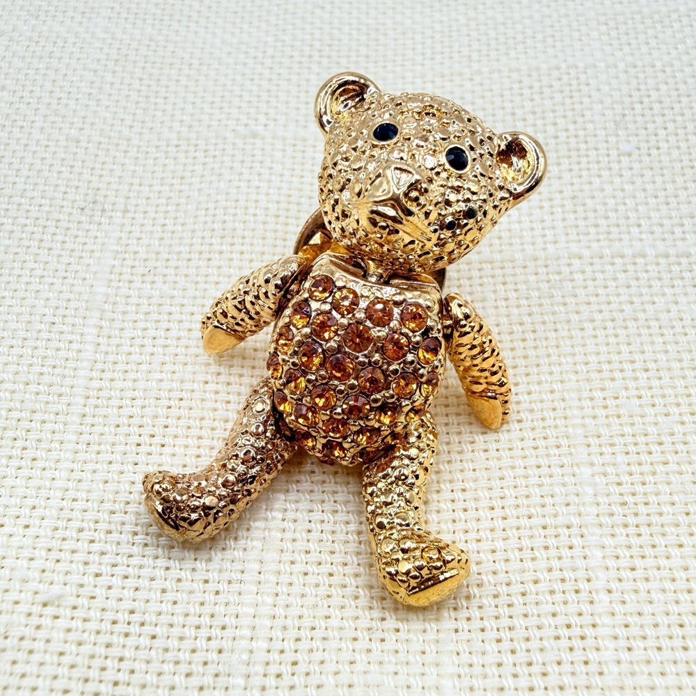 Vintage NAPIER Gold Tone Articulated Teddy Bear Pin Clear Brown Rhinestone Belly